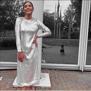 Zara sequin knit midi dress small silver long Nwt